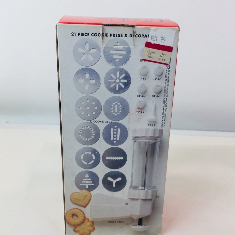 21 Piece Cookie Press And Decorating Set Pyrex All tips and discs