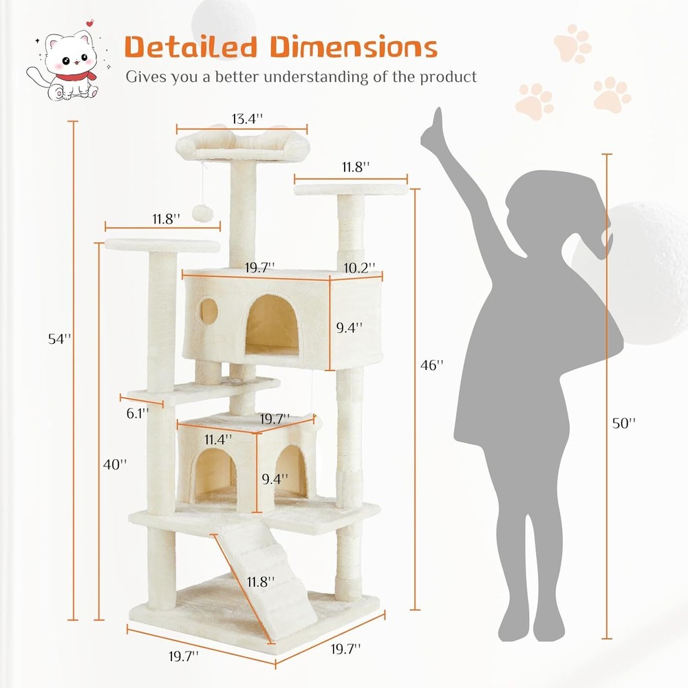 54" Modern Cat Tree. Multi-Level. With Scratching Posts & Perches. For Cats