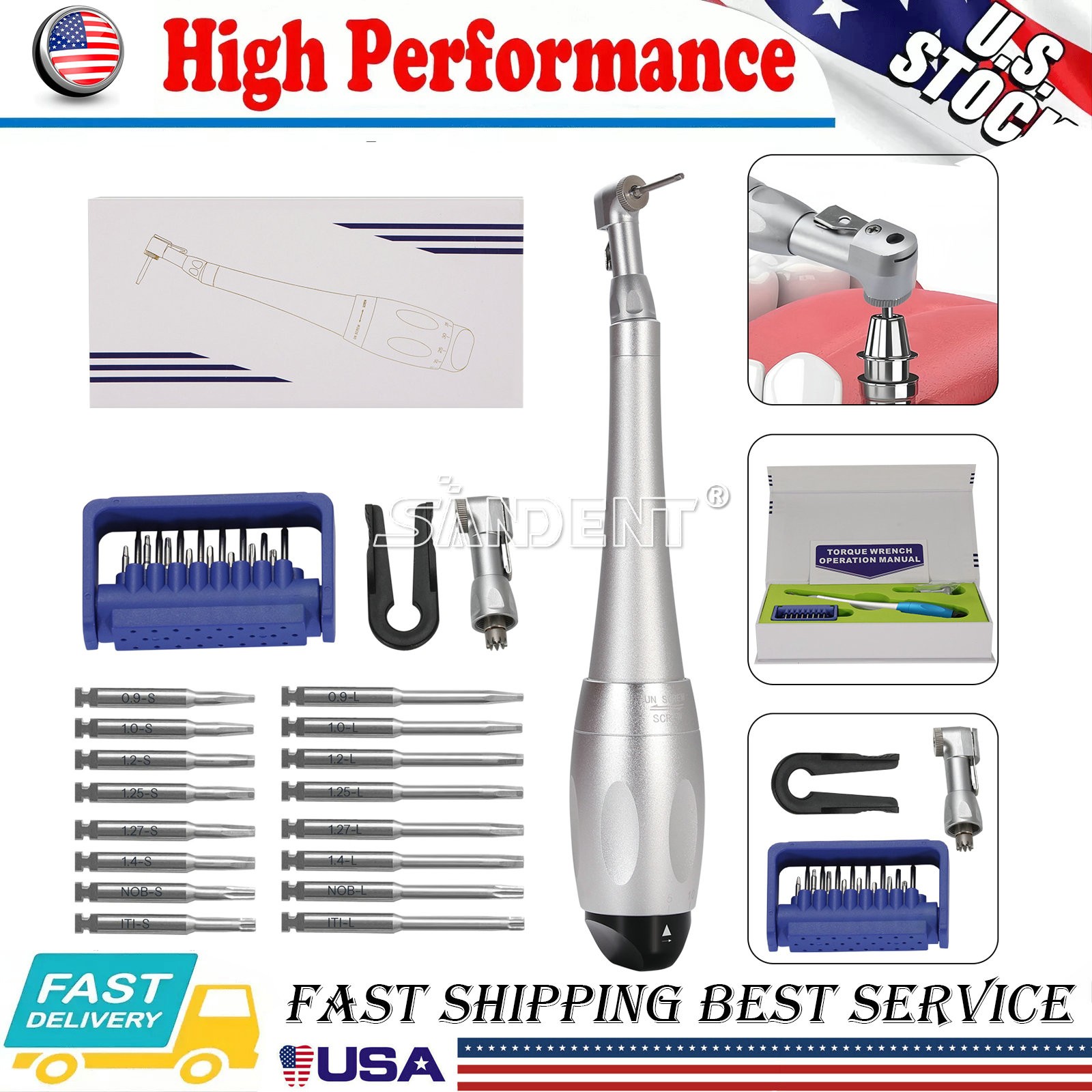 Dental Torque Wrench Universal Implant Kit Wrench Contra Angle & 16 Drivers USA