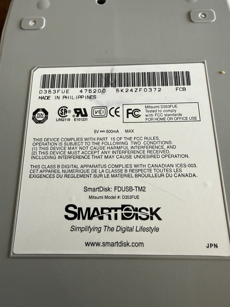 SmartDisk External USB Floppy 3.5” Disk Drive FDUSB-TM2 Mitsumi D353FUE Tested