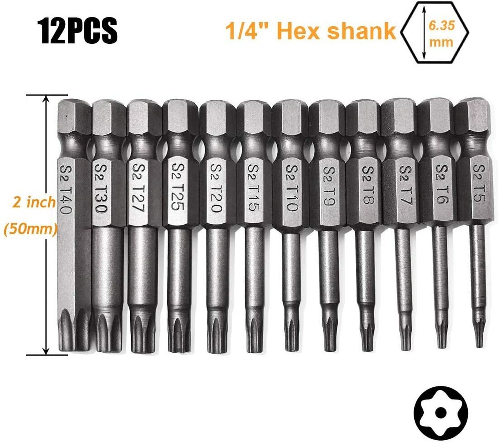 12x Tamper Proof Star Impact Driver Bit Set Security Screwdriver Bits Hex Shank