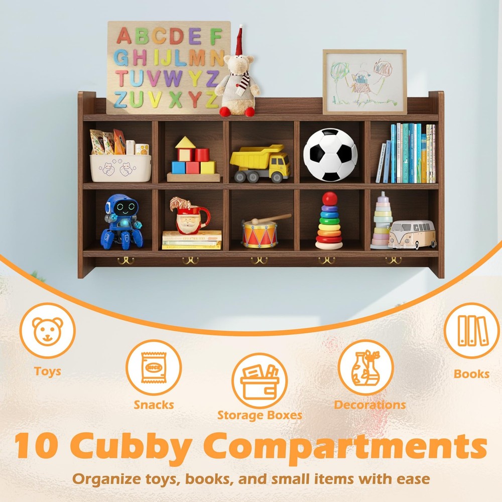 Wall Cubbies, 10 Cubby Storage Organizer with Coat Hooks, Cubbies for Classro...