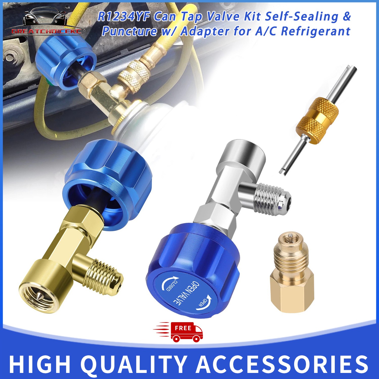 R1234YF Can Tap Valve Kit Self-Sealing & Puncture w/ Adapter for A/C Refrigerant