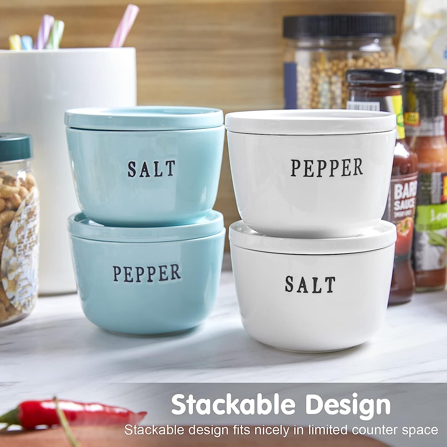 Set of 2 Ceramic Salt and Pepper 10 oz Bowls Container Set with Lids, White