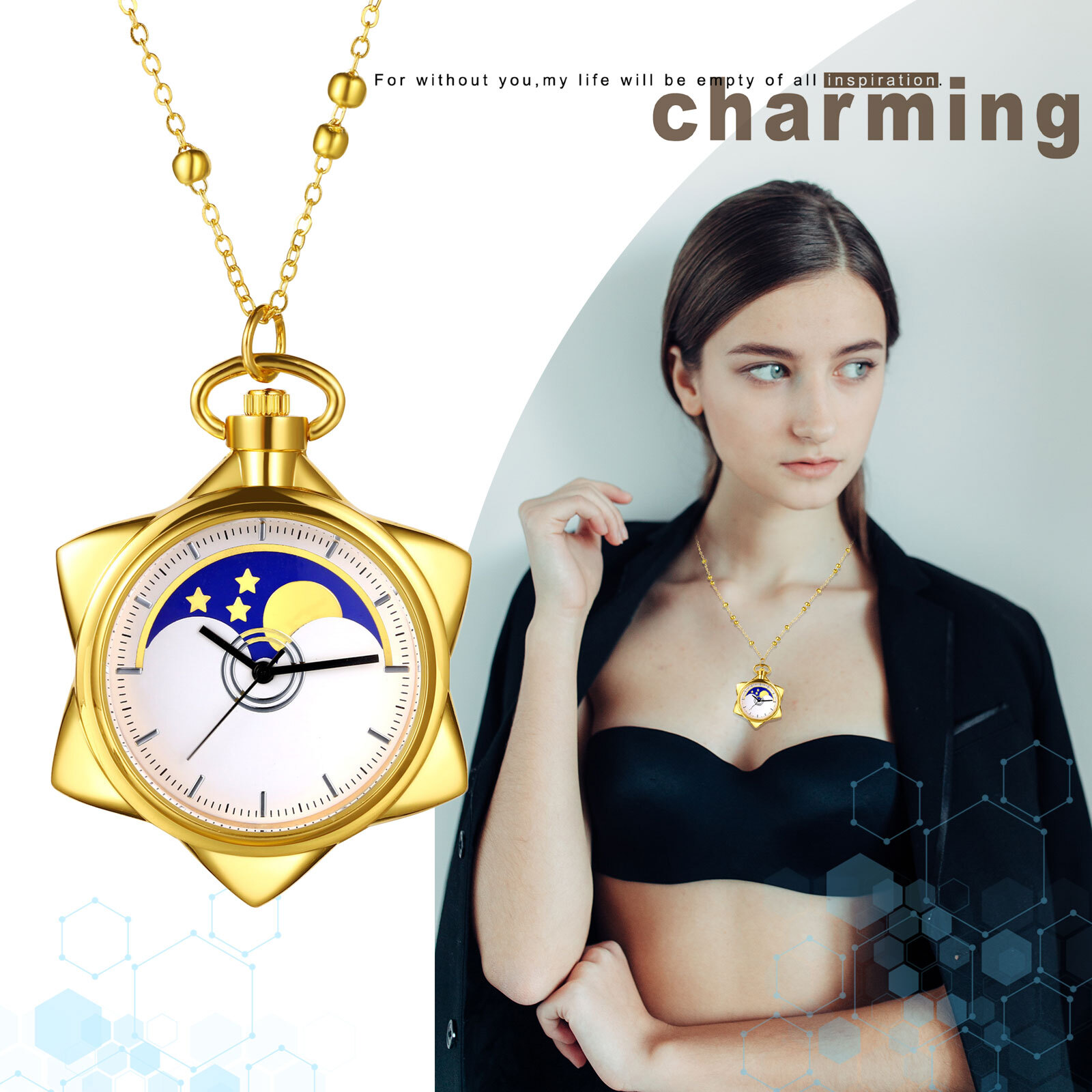 Women Girls Hexagram Quartz Pocket Watch Sailor Moon Star Hanging Watch Necklace