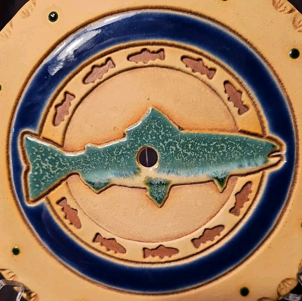 Ceramic Fish Clock Face 7.75" Ashley's Handcrafts Green Blue Signed VGUC