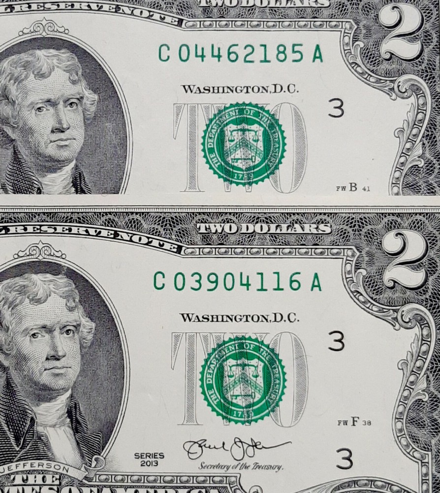 2013 $2 LOT OF 2 SHIFT ERROR  SERIAL NUMBERS SHIFT UP