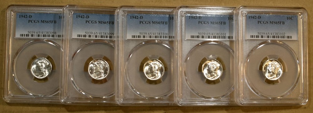 1942-D PCGS MS65 FB Mercury Dime - 95% White