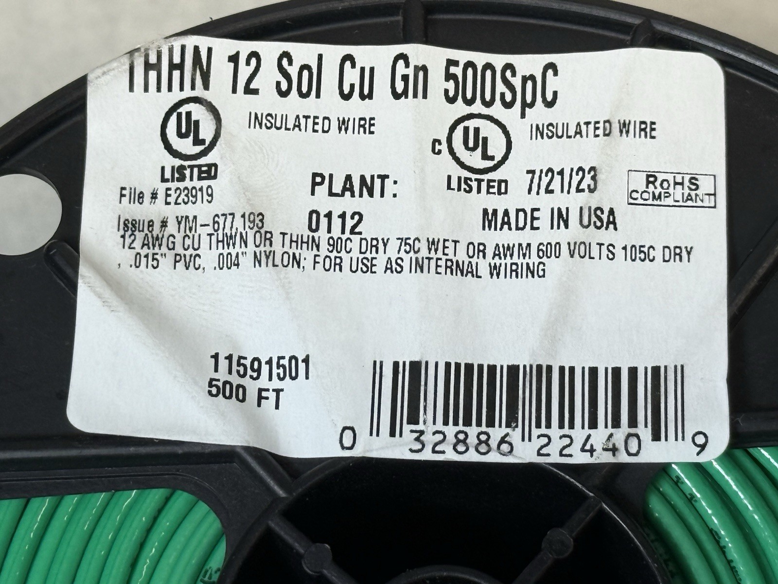 NEW Southwire 11591501 THHN Building Wire Solid Cu, 12 AWG, Green, 500 ft.