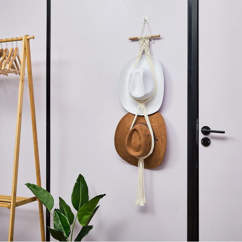 Sturdy White Macrame Hat Hanger – Modern Boho Design for Effortless Hat Storage