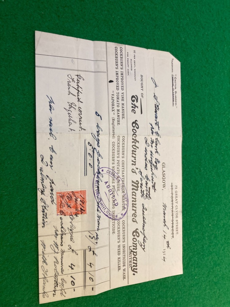 DUNDAS CASTLE 19/13 CM RECEIPT 1914