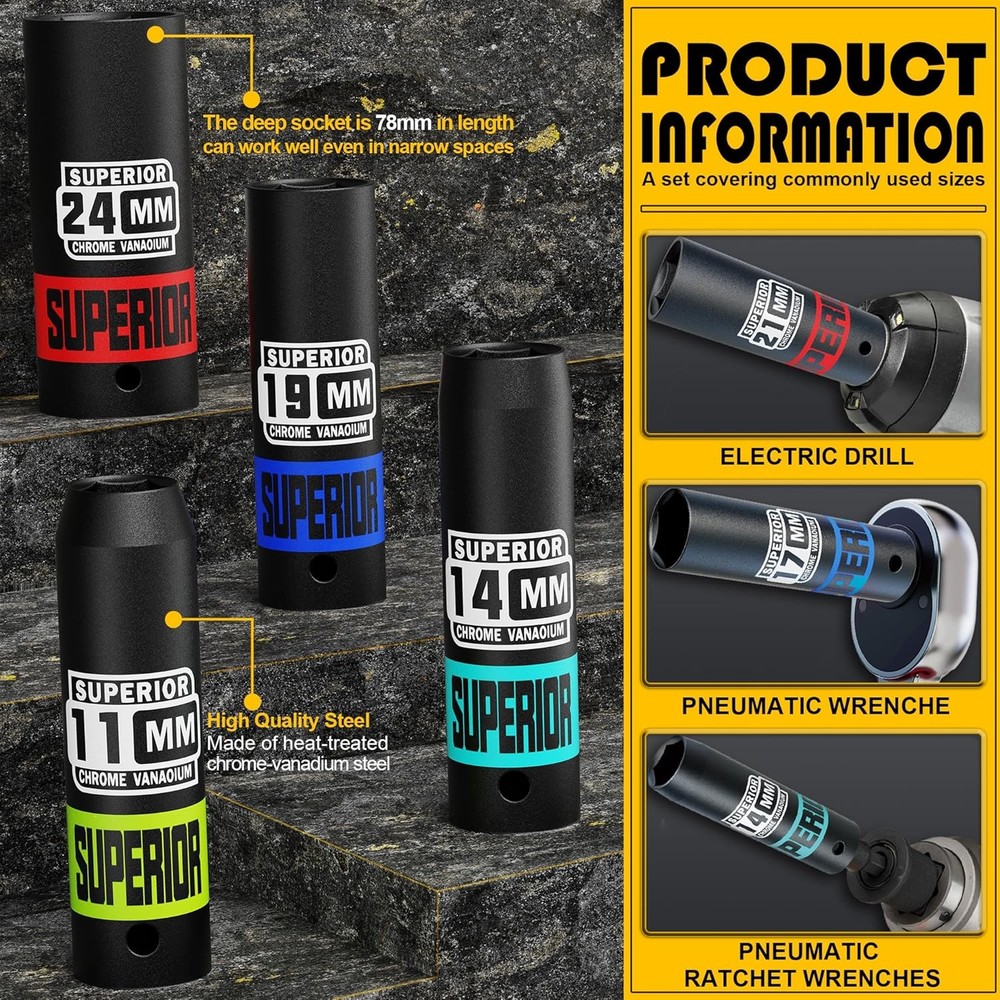 14 Piece 1/2" Drive Impact Socket Set, 8 mm - 22 mm Deep Socket, Metric Socket