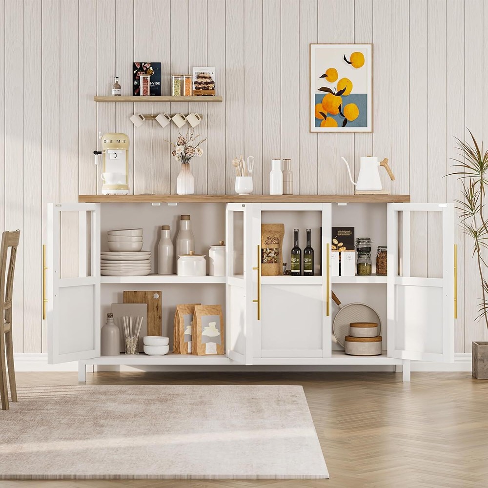 Sideboard Buffet Cabinet with Glass Doors, Large Modern Buffet Table Storage