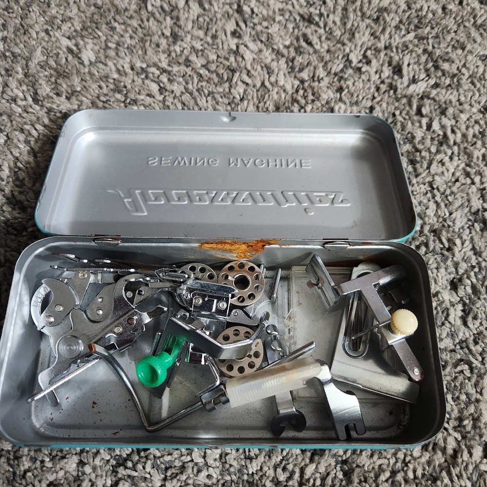 Vintage Sewing Machine Accessories Box Hinged Tin Case With Attachments