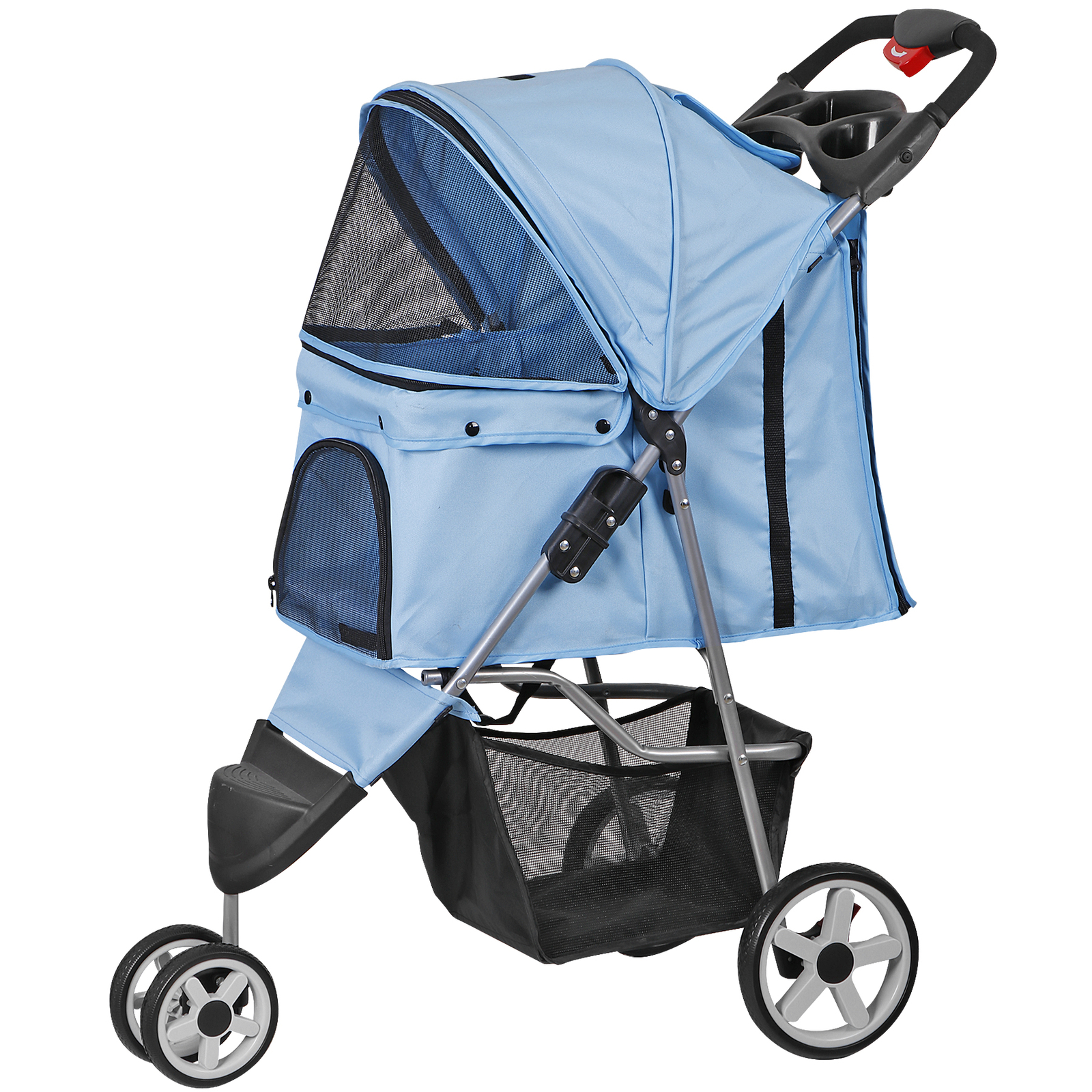 Foldable Pet Stroller for Cats and Dogs 3 Wheels Carrier Cart w/Cup Holder Blue