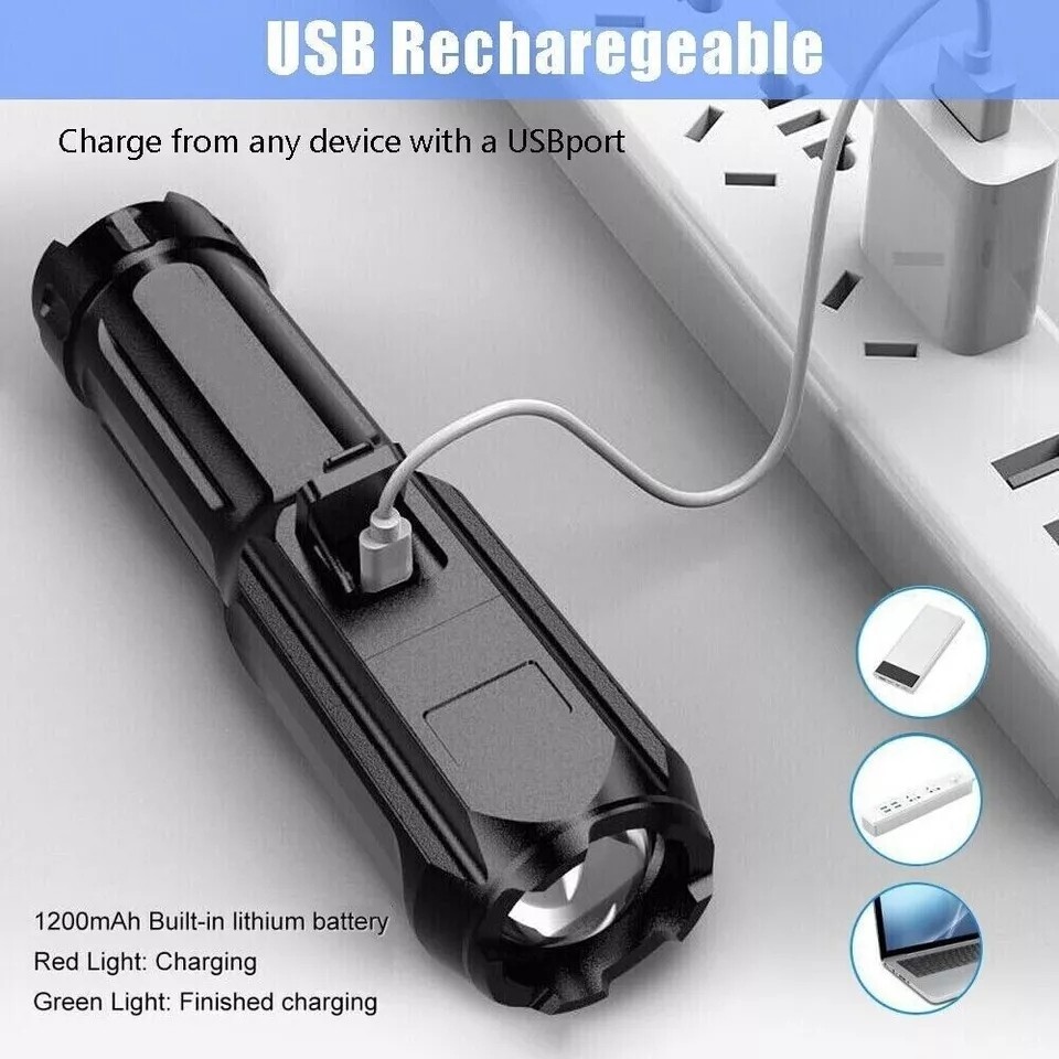 Rechargeable Super Bright LED Tactical Flashlight USB Work Light Torch Zoomable