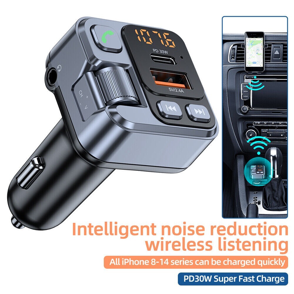 Bluetooth 5.1 Car Wireless FM Transmitter Adapter PD 30W USB Charger Hands-Free