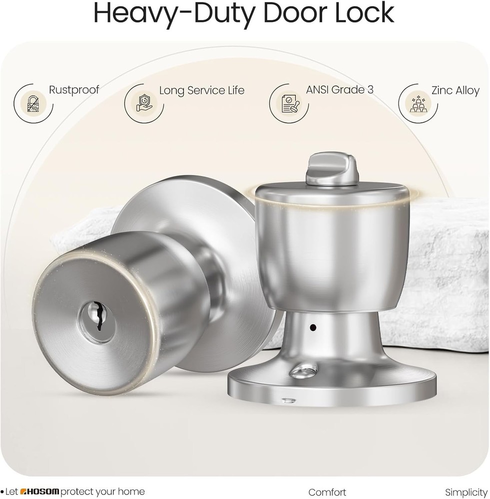 HOSOM Door Knobs with Lock and Key, Keyed Entry 2 Pack, Satin Nickel