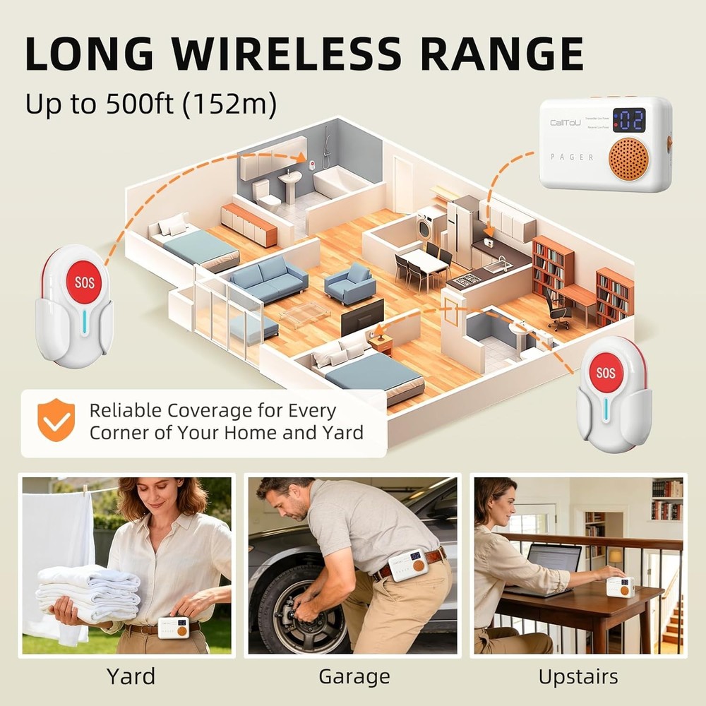 Vibration Call Bell System - 2 Waterproof Buttons, Expandable Caregiver Solution