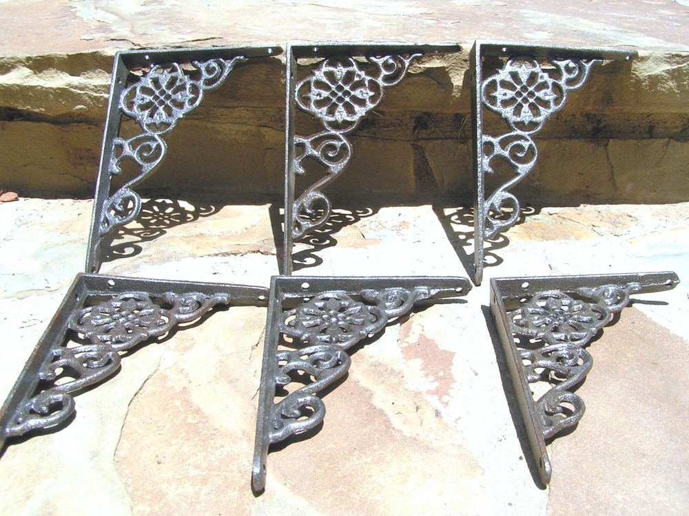 SIX Cast Iron Wall Shelf Brackets, small braces, corbels, Gray