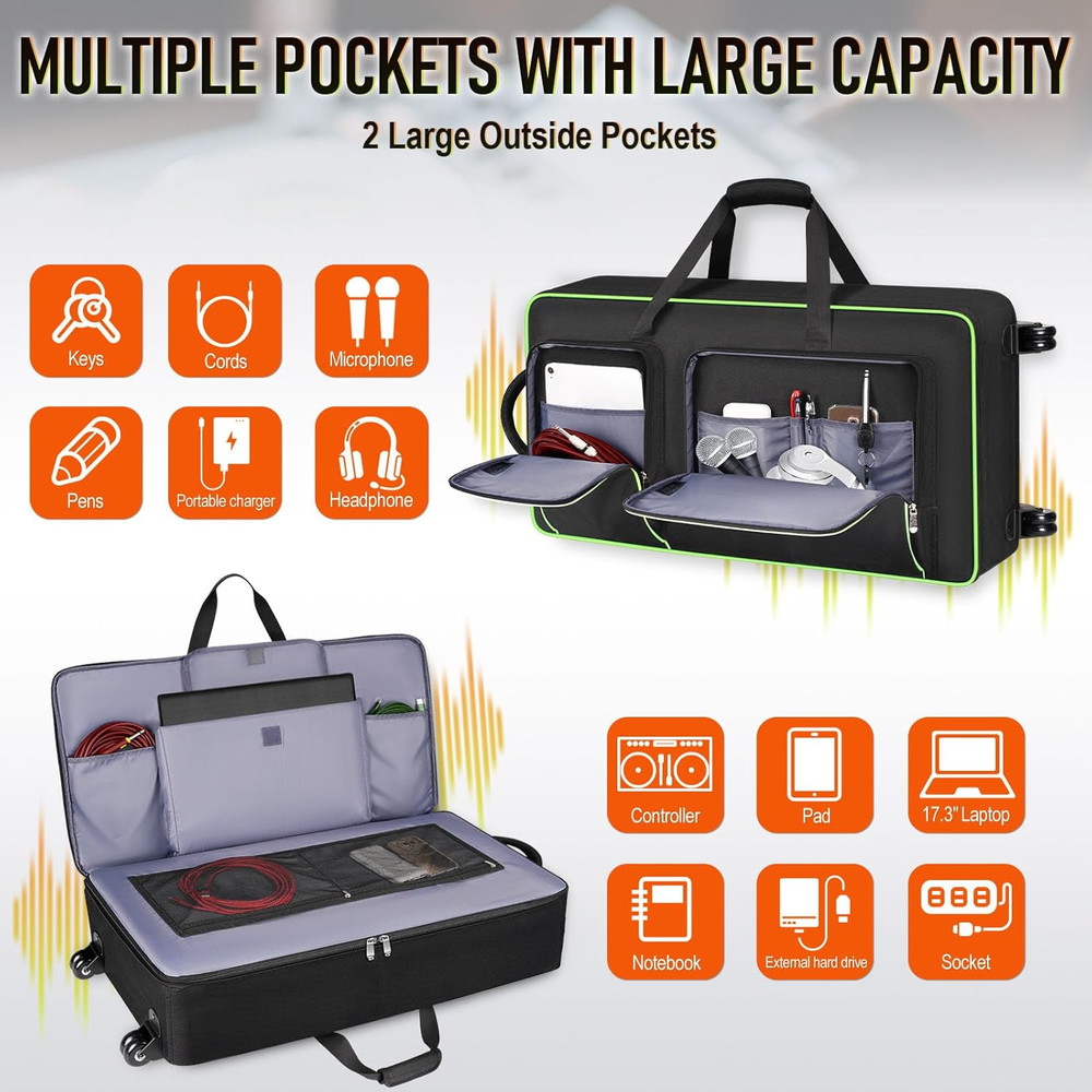 Rolling DJ Controller Case With Wheels Backpack 17.3" Laptop Multi Pocket Padded