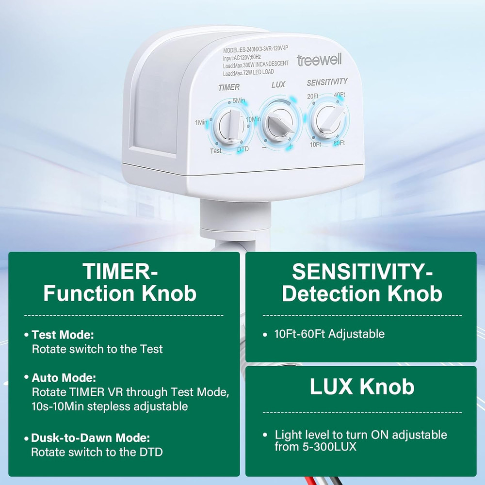240-Degree Replacement Motion Sensor, Adjustable LUX(5-300) & Time & Detection S