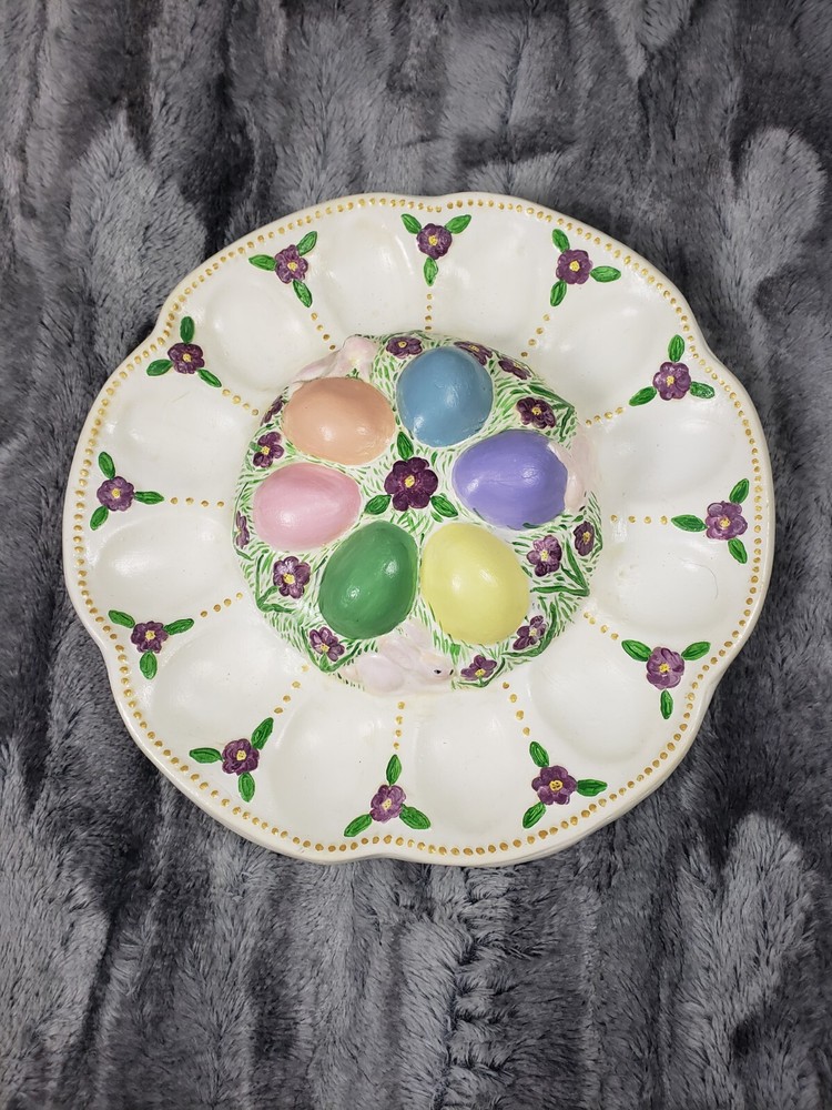 Vintage Deviled Egg Spring Easter Bunnies Flowers Plate Platter Ceramic