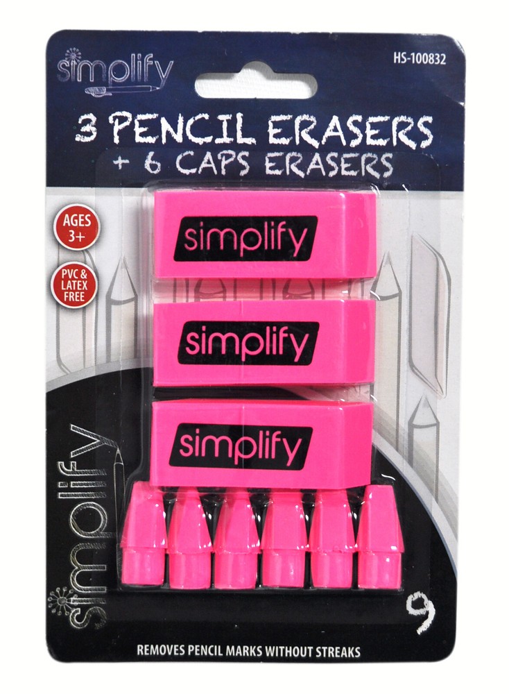 Simplify 3 Pink Pencil Erasers and 6 Cap Erasers