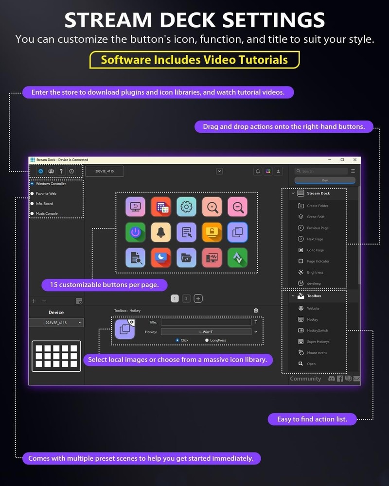 Multi-Platform Stream Deck with Custom Animated Icons and 15 Shortcut Keys