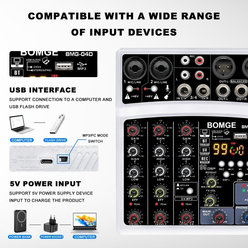 BOMGE 4 Channel dj Bluetooth Audio Mini Mixer with 99DSP Processor, USB Inter...