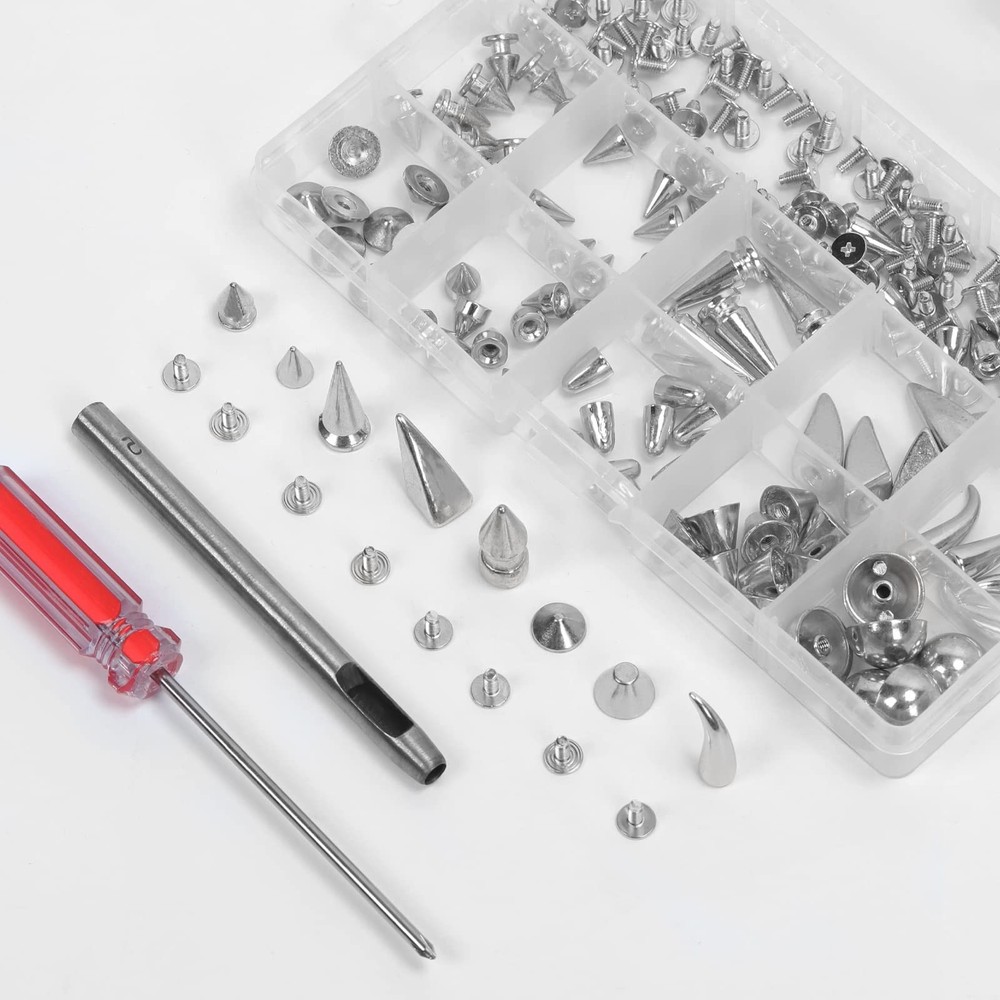 Glarks 98Pcs Silver Mixed Shape Spikes Studs Rivets Kit with Install Tools, Scre