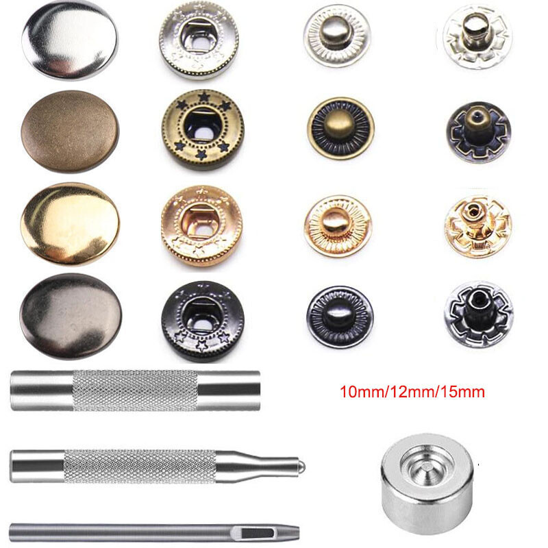 Leather Snap Fasteners Kit 10/12/15mm Metal Button Snaps Press Studs With 4 Tool