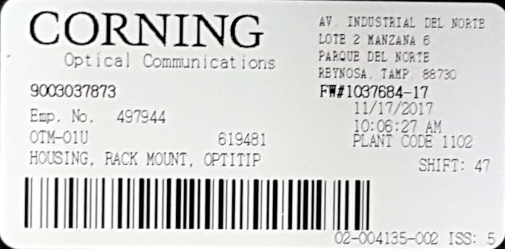 NEW Corning OTM-01U Empty OPTITIP Housing Rack Mount