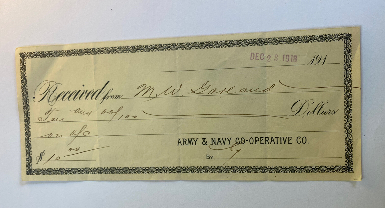 Vintage 1918 Army & Navy Co-Operative Co Bank Check Pay Stub for $10