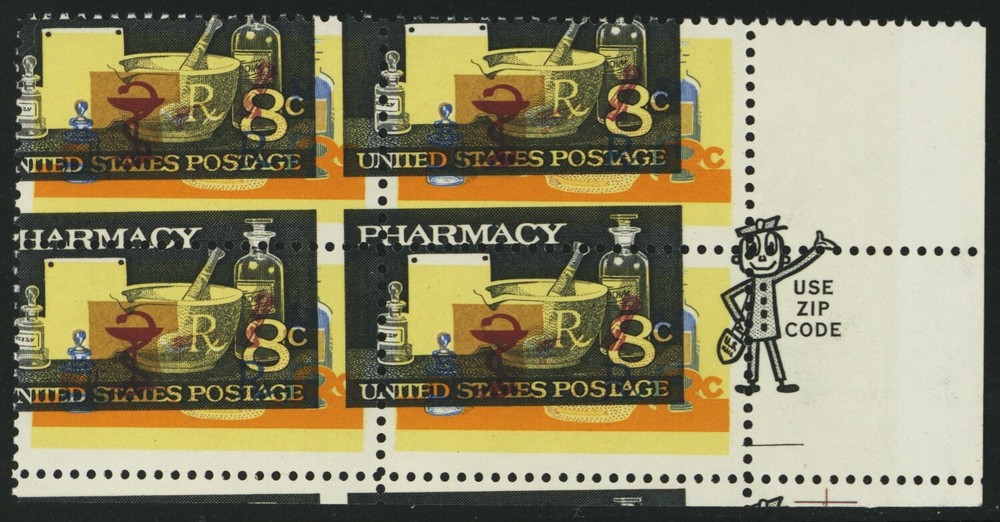 1473, MNH 8¢ - Multiple Color And Misperf Shift Error Zip Block - Stuart Katz