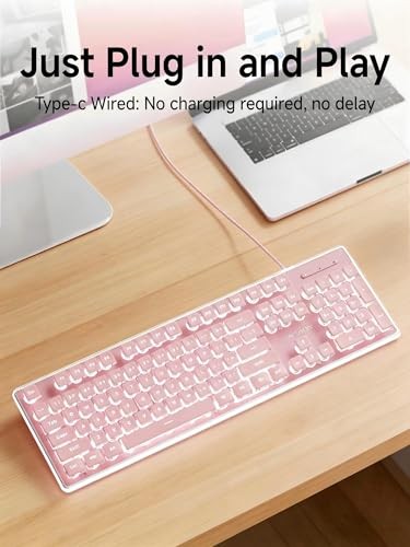 Wired Computer Keyboard with White Backlit, Aesthetic Full Size Wired Pink