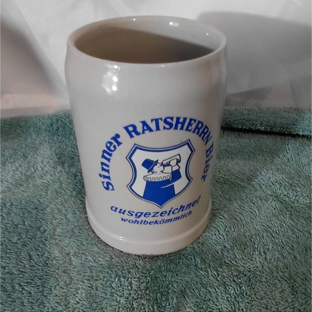 White Ceramic Beer Stein with Blue Crest