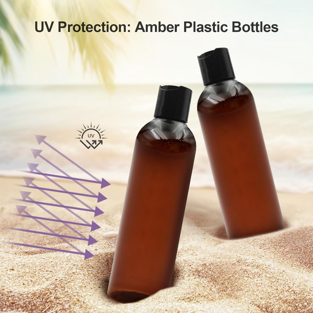 6 Pack 8 oz Amber Plastic Squeeze Bottles with Black Disc Caps Refillable Empty