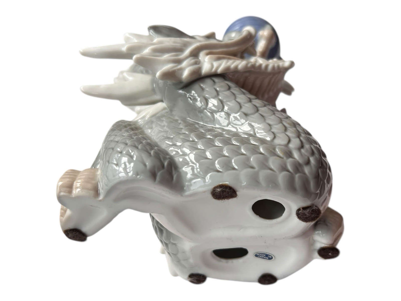 Dragon Yoshimi K Foo Porcelain Figurine w/Ball Japan 8”T 5.5”L Vintage Blue/Gray