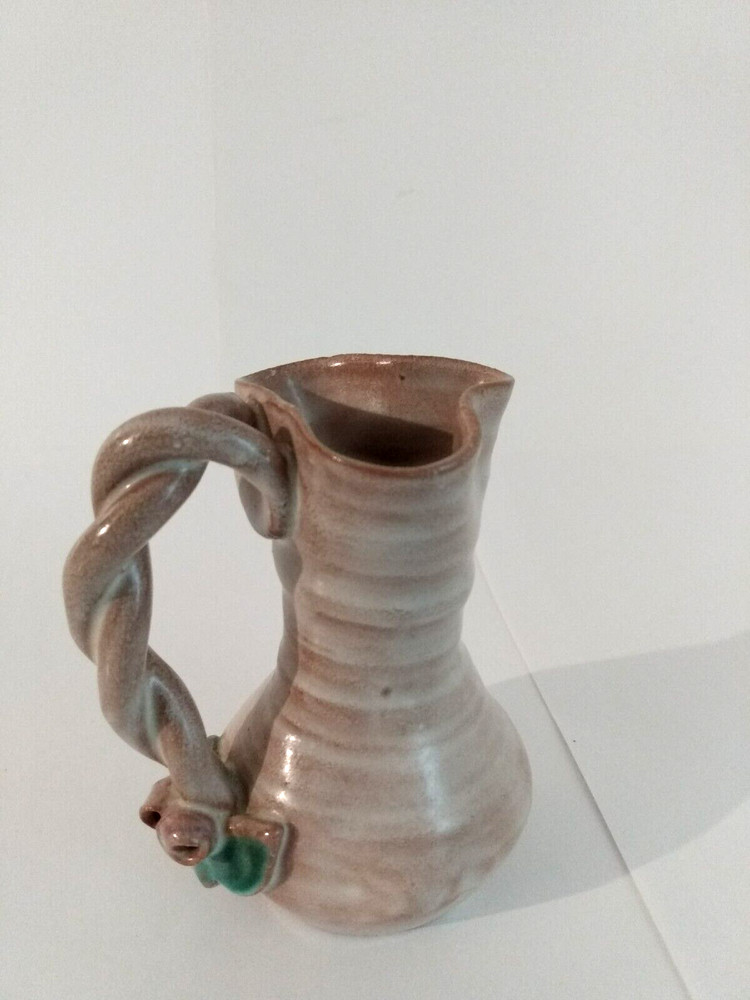 Vintage Pottery Pitcher Handmade Twisted Handle Signed