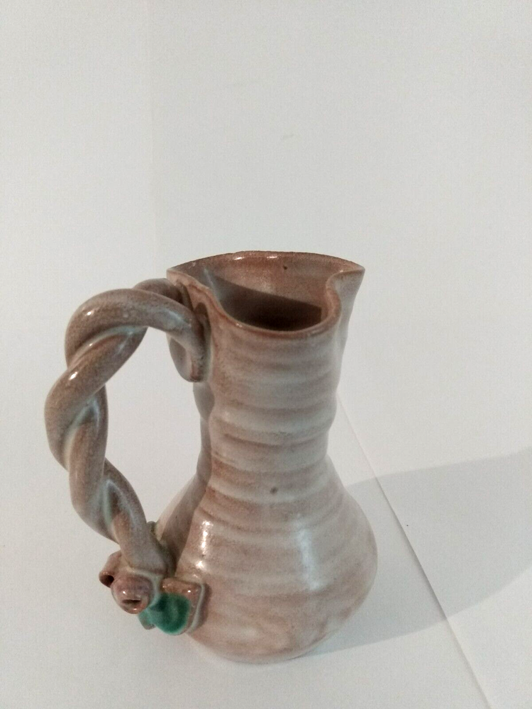 Vintage Pottery Pitcher Handmade Twisted Handle Signed