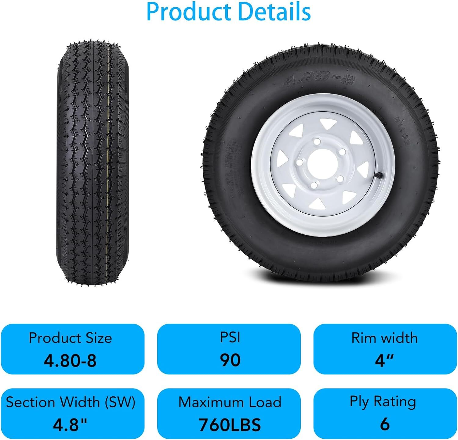 2Pack 4.80-8 Trailer Tires with Rims 4.80x8 480-8 5 Lug on 4.5" and White Wheels
