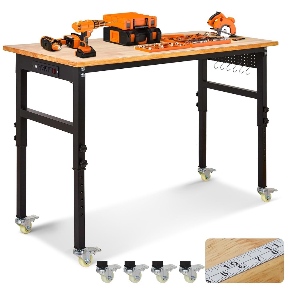 70" Adjustable Workbench w/Wheels & Power Outlets, 2000Lbs Work Table for Garage