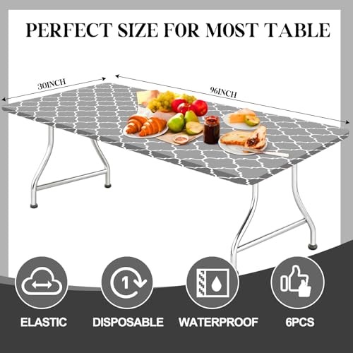 6 Pcs Disposable Plastic Tablecloth for 8 ft Rectangle 96" X 30" Moroccan Grey