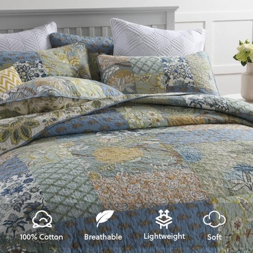 Cotton Bedspread Quilt Bedding Sets 3 Pieces King Rustic Sage Patchwork