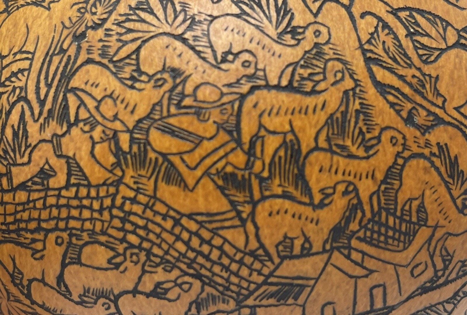 Vintage Peruvian Story Telling Gourd Finely Detailed Hand Carved Rattle