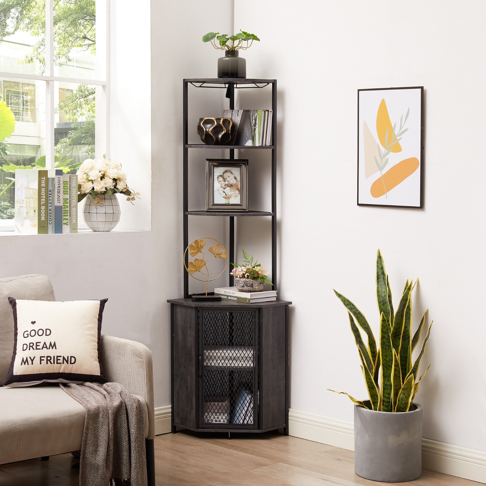 5-Tier Corner Shelf Tall Bookcase Storage Cabinet with Wine Rack Display Rack