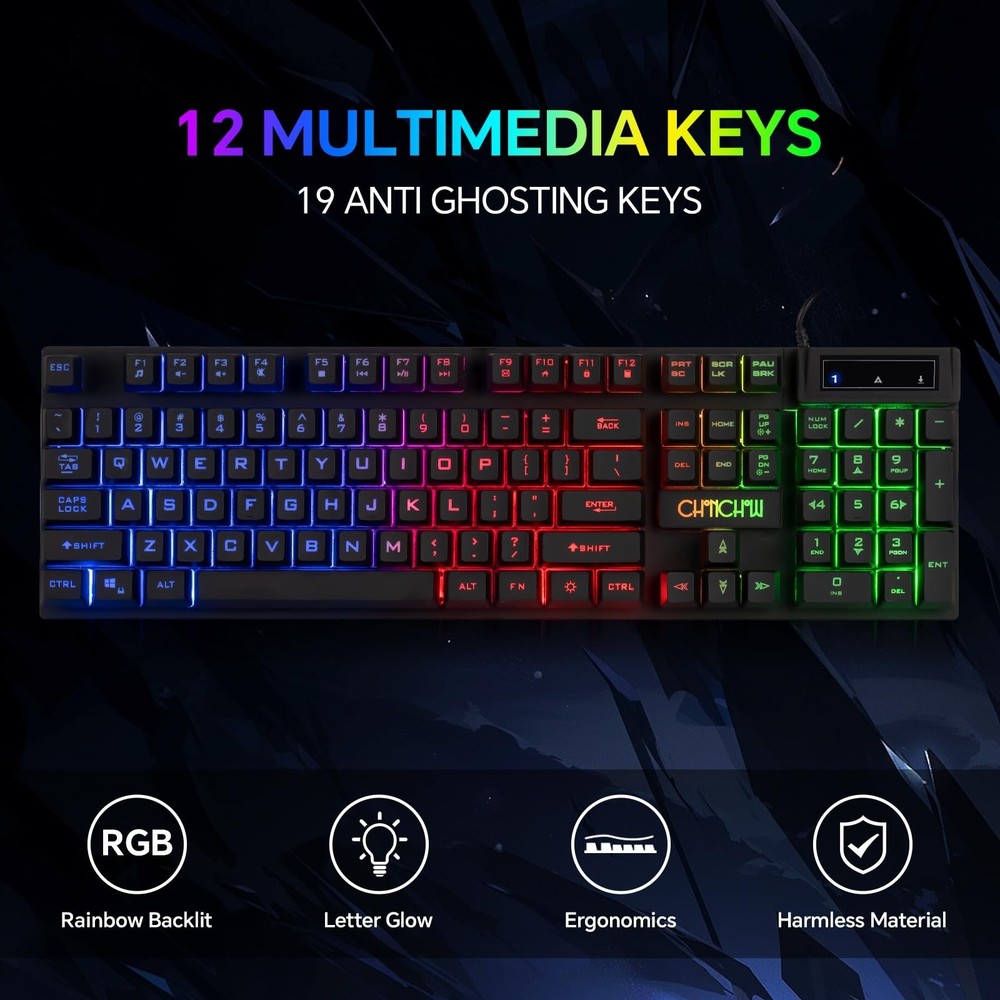 Gaming LED Keyboard Mouse Headset and Mousepad Bundle, CHONCHOW Wired Rainbow...