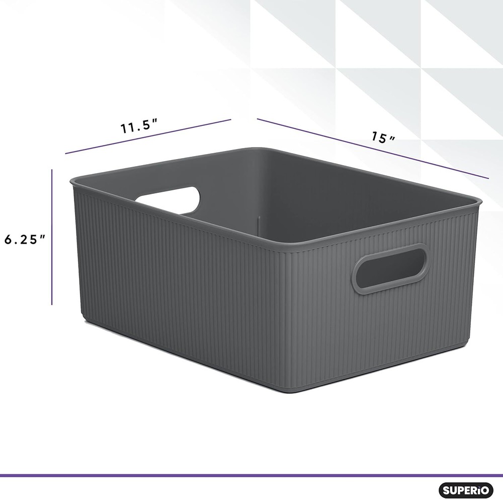 Superio 15L Medium Ribbed Storage Bin- Plastic Storage Bin (4 Pack, Grey)