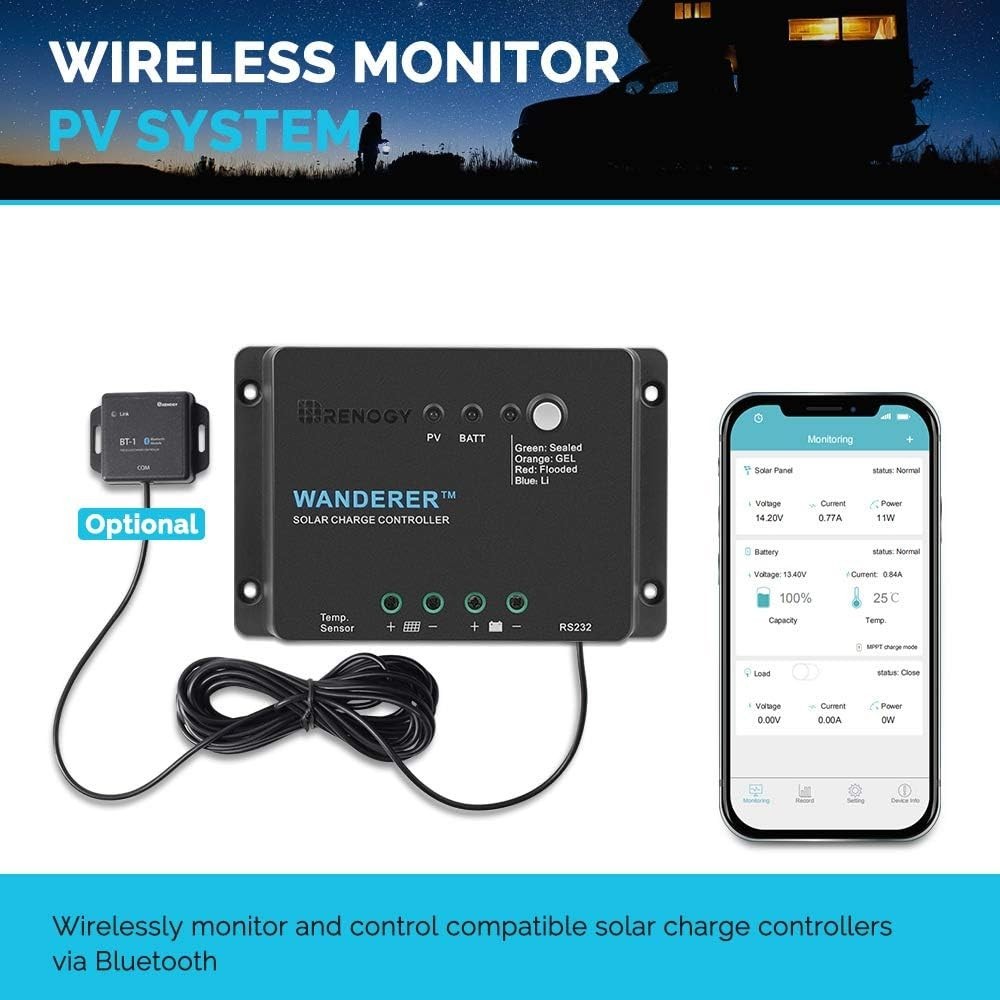Wanderer Li 30A Negative Ground Solar Controller with Real-Time Bluetooth Alerts